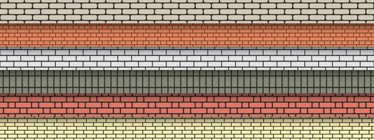 Collection of brick wall seamless patterns in modern colors. Brickwork decorative backgrounds. Geometric repeatable textures vector