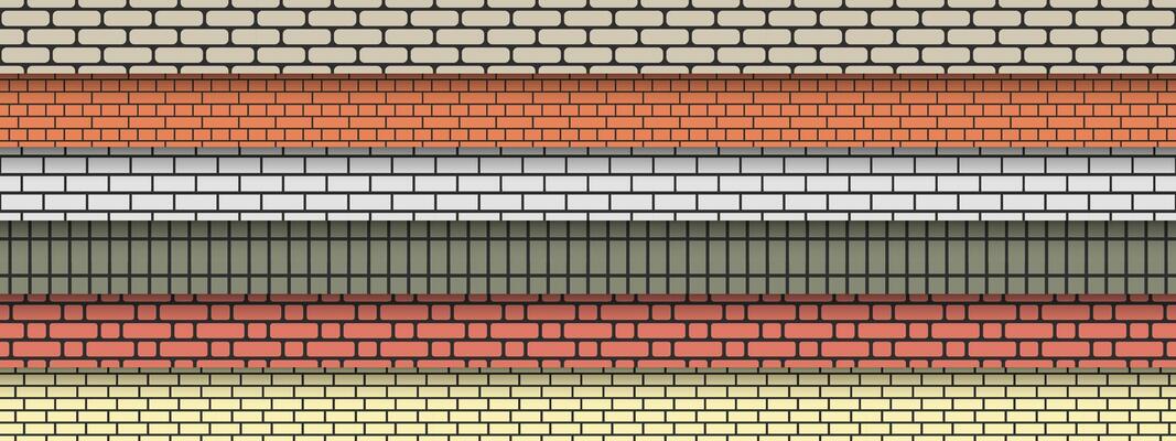 Collection of brick wall seamless patterns in modern colors. Brickwork decorative backgrounds. Geometric repeatable textures
