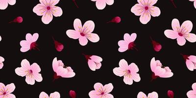 Seamless pattern with pink sakura flowers and buds on a black background for textile, fabric, wrapping paper. Botanical pattern with cherry blossom. vector