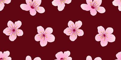Seamless pattern with pink sakura flowers on a burgundy background for textile, fabric, wrapping paper. Botanical pattern with cherry blossom. vector