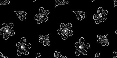 Seamless pattern with white outlines of sakura flowers and buds on a black background for textile, fabric, wrapping paper. Botanical pattern with cherry blossom. vector