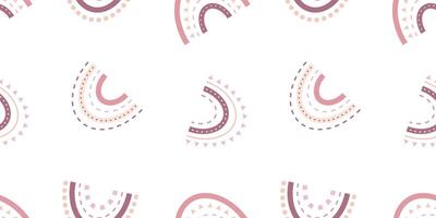 Dynamic children's seamless pattern with rainbows in boho style in pink tones on a white background for textiles, fabric, wrapping paper. vector