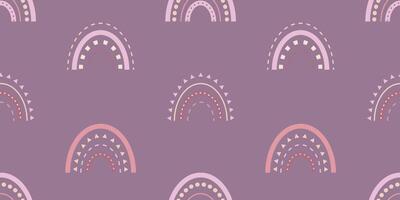 Static children's seamless pattern with rainbows in boho style in pink tones on a purple background for textiles, fabric, wrapping paper. vector