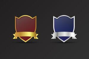 Blank shield and badge element on a dark background. Special police and security badge design. Luxurious golden and silver badge with red and blue colors. Shield with ribbons and text space. vector