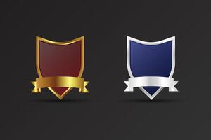 Luxurious golden and silver badge with ribbons and text space. Blank shield and badge element design with red and blue colors. Celebration or official badge on a dark background. vector