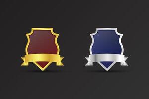 Shield shape for achievement, Subscriber, and Promotional design. Blank sheriff badge design with golden and silver colors. Luxurious official police badge with dark red and blue colors. vector