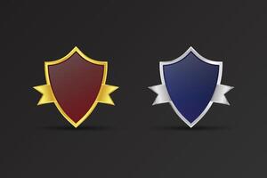 Blank office badge design with golden and silver colors. Luxurious badge with dark red and blue colors. Shield shape for Achievement, Subscriber, and Promotional design with ribbon. vector