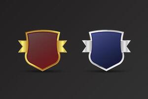 Shield shape badge with luxury red and blue colors. Simple sheriff badge design with golden and silver colors and ribbon. Blank badge element with text space on a dark background. vector