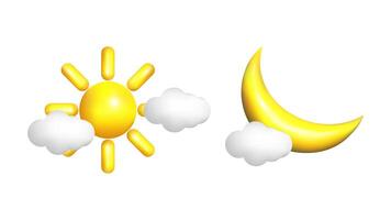 Weather 3d icons realistic isolated set. Clearups partly cloudy clear. Day..Night. Design weather app web site game logo banner. Meteorology concept. vector