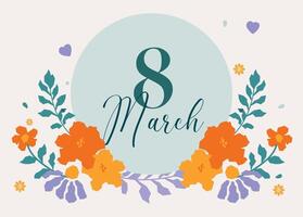 Banner for 8 March featuring a floral arrangement with decorative flowers and ornamental elements surrounding the text on a light background. vector