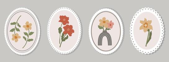 Set of four abstract floral illustrations featuring various flowers with stems and leaves, framed within oval lace borders on a neutral textured background in vintage style. vector