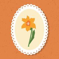 Abstract floral illustration featuring a single orange flower with a green stem, framed within an oval lace border on a textured orange background in vintage style. vector