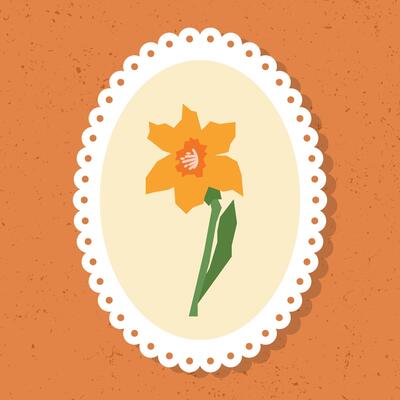 Abstract floral illustration featuring a single orange flower with a green stem, framed within an oval lace border on a textured orange background in vintage style.