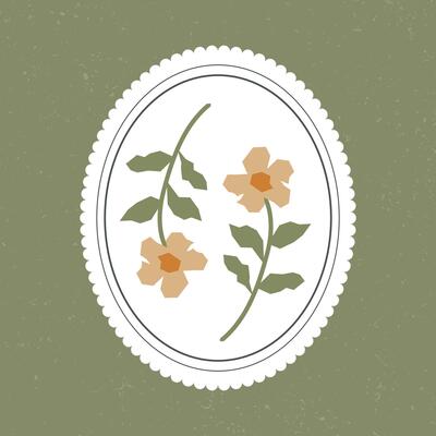 Abstract floral illustration featuring two delicate flowers with green stems and leaves, framed within an oval lace border on a textured green background in vintage style.