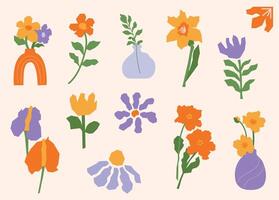 A set of various abstract flowers and leaves in warm orange, yellow, and purple tones on a light background in trendy abstract floral style vector