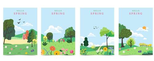 Spring landscape background template with mountain and tree for a4 vertical design vector