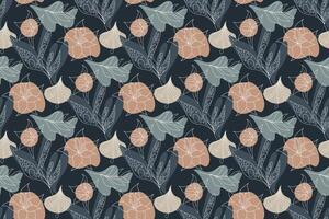 Seamless pattern with delicate line art flowers and abstract shapes in soft blush and blue tones on a dark background. Perfect for wallpaper, textiles vector