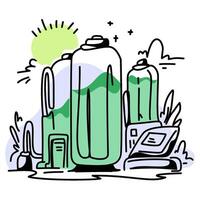 illustration showcasing a hydrogen fuel cell as a sustainable energy solution, with a sun and natural elements in the background. Ideal for educational materials, presentations vector