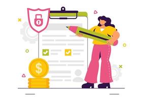 Blockchain-Based Smart Contract Illustration Featuring Secure Digital Signature and Online Agreement vector