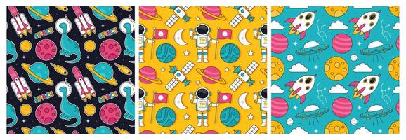 Cartoon Space Journey Seamless Pattern Featuring Rockets, Planets, and Moons vector
