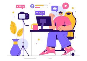 Cartoon Illustration of a Game Streamer Playing Online and Broadcasting Live on a Gaming Platform vector
