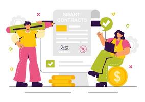 Electronic Smart Contract Illustration with Online Agreement and Legal Document in a Flat Background vector