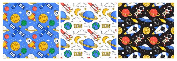 Seamless Space Adventure Pattern Featuring Spaceships, Planets, and Shooting Stars vector