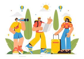 Tourism and Exploration Illustration with Suitcases, Backpack, Camera, and Map in a Cartoon Style vector