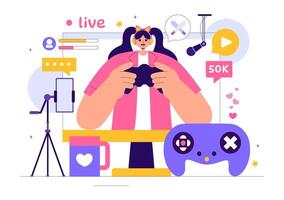 Esports Player Streaming Games Online with a Cute and Engaging Cartoon Background in Flat Style vector