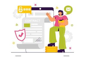 Secure Digital Contract Illustration with Blockchain Technology and Electronic Signature vector