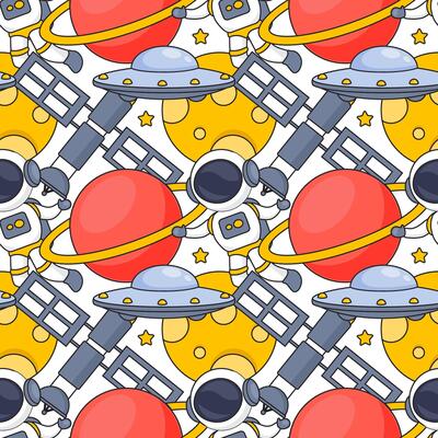Seamless Cosmic Exploration Pattern with Spaceships, Asteroids, and Planets