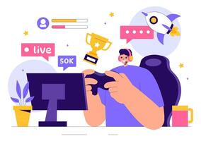 Cute Gamer Playing and Live Streaming Games on an Online Platform in a Flat Style Illustration vector