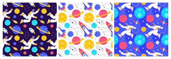 Intergalactic Travel Seamless Pattern with Floating Spacecraft and Celestial Bodies vector