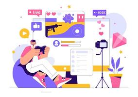 Live Game Streaming Illustration of a Professional Gamer Playing and Engaging Viewers in a Flat Cartoon Background vector