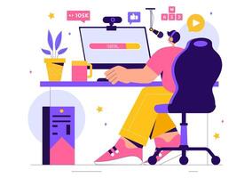 Illustration of a Gamer Streaming Games Live on a Gaming Platform with a Flat Cartoon Background vector