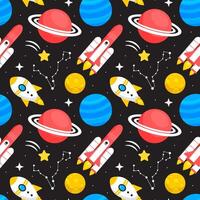 Seamless Outer Space Design with Floating Rockets and Orbiting Planets in Flat Style vector