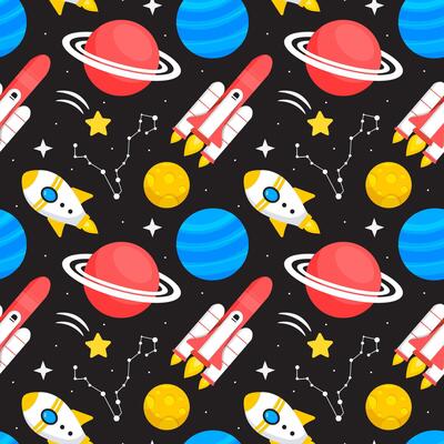 Seamless Outer Space Design with Floating Rockets and Orbiting Planets in Flat Style