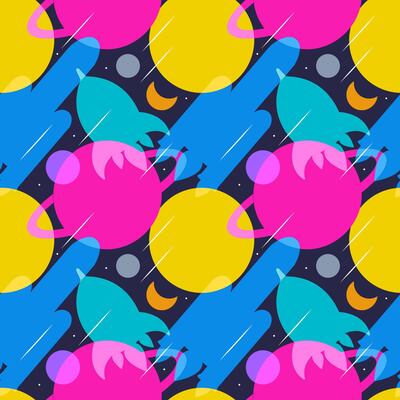 Galaxy Exploration Seamless Pattern with Rockets, Asteroids, and Planets in Cartoon Style