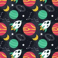 Outer Space Cartoon Seamless Pattern with Rockets, UFO, and Orbiting Planets vector