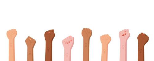 Collection of raised fist protest symbol, an isolated feminist hand holds an arm, a woman is holding a support sign, a character shows up with a solidarity gesture, an activist holds a revolution fist vector