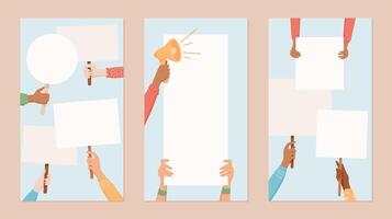 Hand hold and display blank protest banners set. Signs and placards are raised by people hands, symbolizing human rights and community protest. Social media template with crowd gathers in solidarity. vector