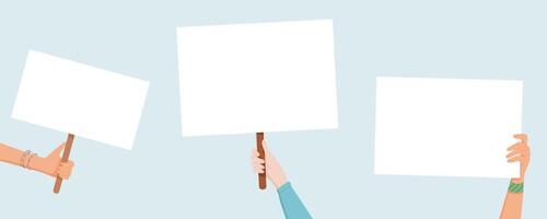 Set of hands hold blank signs at a protest, showing community unity. People, both male and female, display template boards and banners. The crowd demonstrates solidarity, empowering with support vector