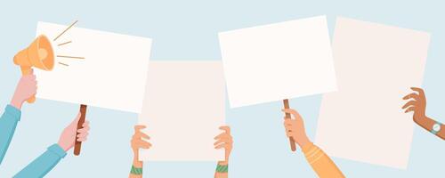 Various hands hold signs and placards during a protest. People with megaphones and blank banners demonstrate for rights and community support. Template for solidarity and strength in activism. vector