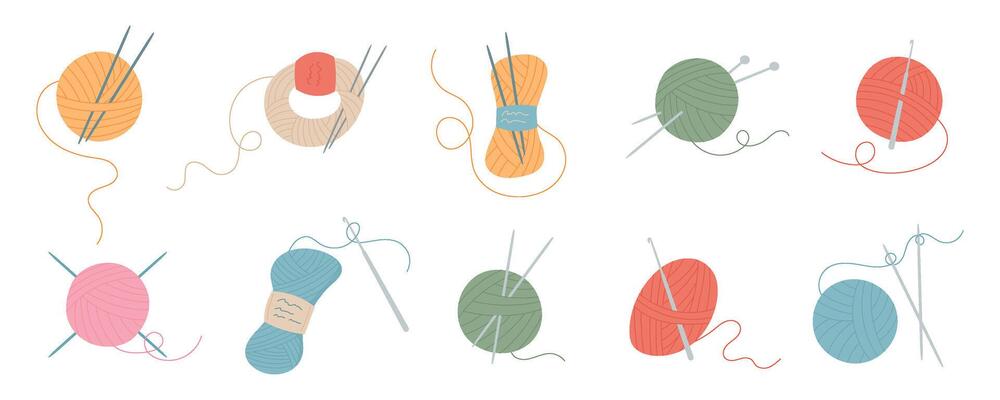 Yarn balls with knitting needles and spools of thread collection. Cute illustration of essential tailor supplies for handmade embroidery and sewing projects. Perfect for crafting and needlework design