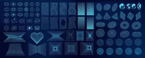 Abstract 3D wireframe shapes, mesh grids, and geometric forms. Neon blue Y2K designs with futuristic and psychedelic patterns. Tech and cyberpunk elements in a surreal digital art. vector