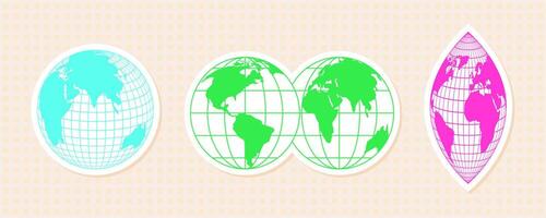 Set of digital stickers of globe wireframes. 3D abstract shapes with a Y2K aesthetic. Vibrant mesh patterns in green, pink, and cyan color. Ideal for tech and cyber design elements. vector