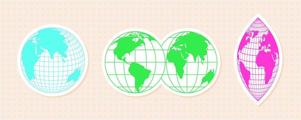 Set of digital stickers of globe wireframes. 3D abstract shapes with a Y2K aesthetic. Vibrant mesh patterns in green, pink, and cyan color. Ideal for tech and cyber design elements.