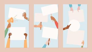 Diverse hands hold blank protest signs in a demonstration. Hand points a megaphone for support. Social media template collection with people raise placards for community strength and empowerment. vector