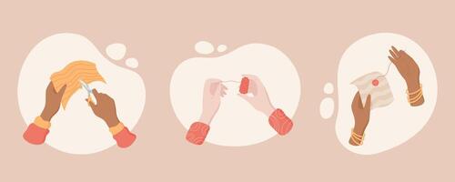 Illustration of various hands sewing and tailoring. Different hands hold thread, needle, and thread spool, depicting activities like sew, embroidery, and craft. Perfect for tailor and sewing themes. vector