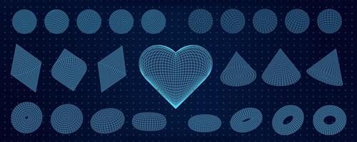 3D abstract grid shapes with wireframe mesh patterns. Heart, torus, cones highlight cyberpunk Y2K geometry and neon tech style. Psychedelic retro futuristic art elements on dark background vector